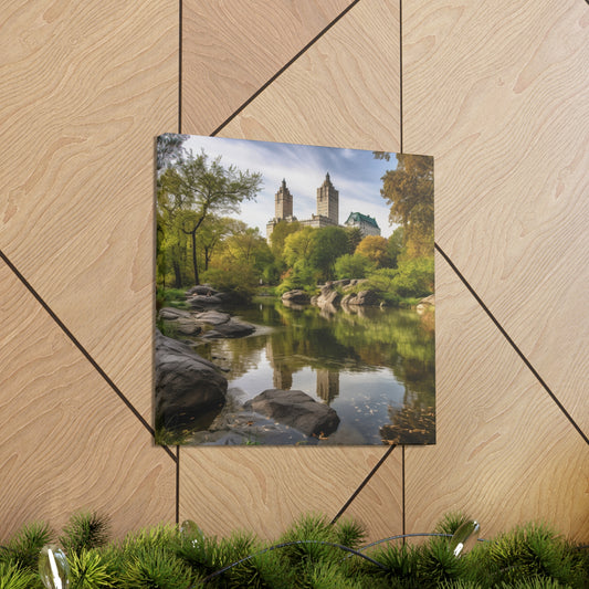 Scenic Central Park canvas wall art featuring a creek and towers.
