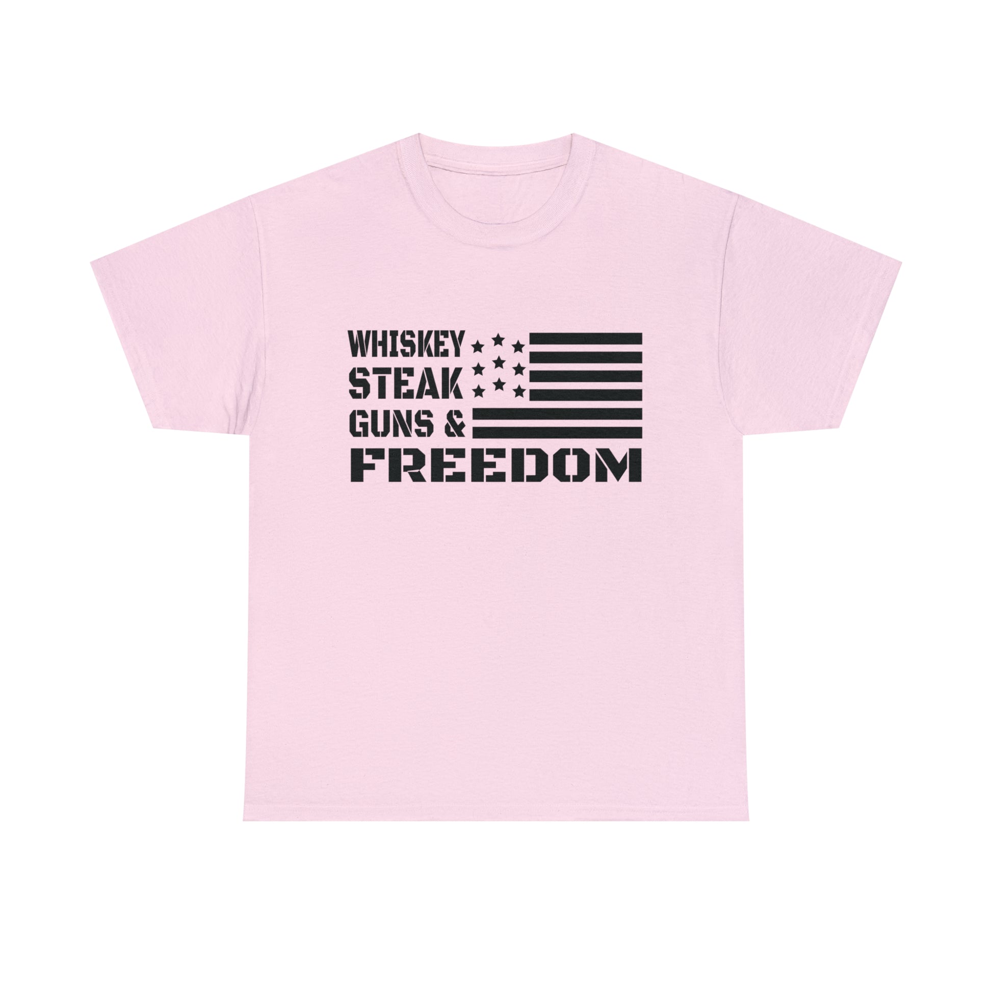 Patriotic t-shirt with whiskey, steak, guns, and freedom design
