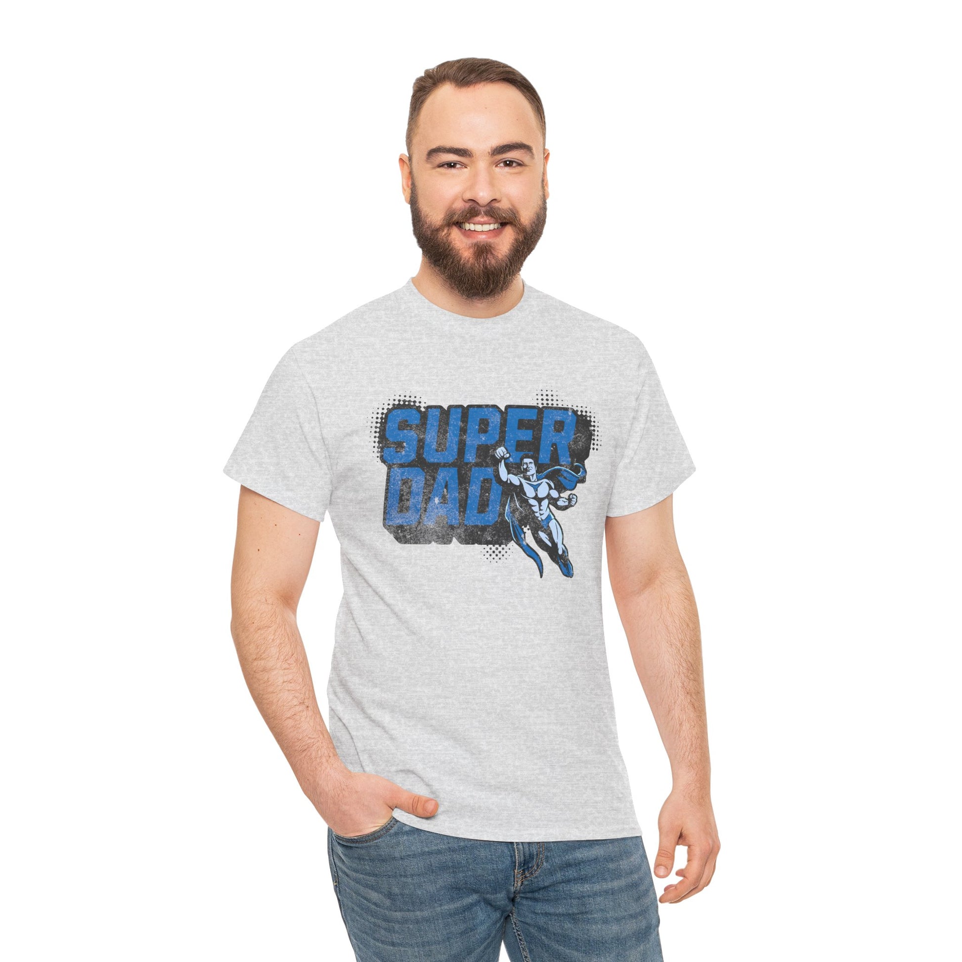 Man wearing a gray t-shirt with 'Super Dad' and superhero graphic on a white background