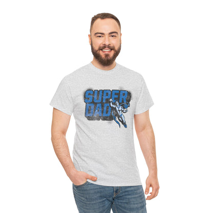 Man wearing a gray t-shirt with 'Super Dad' and superhero graphic on a white background