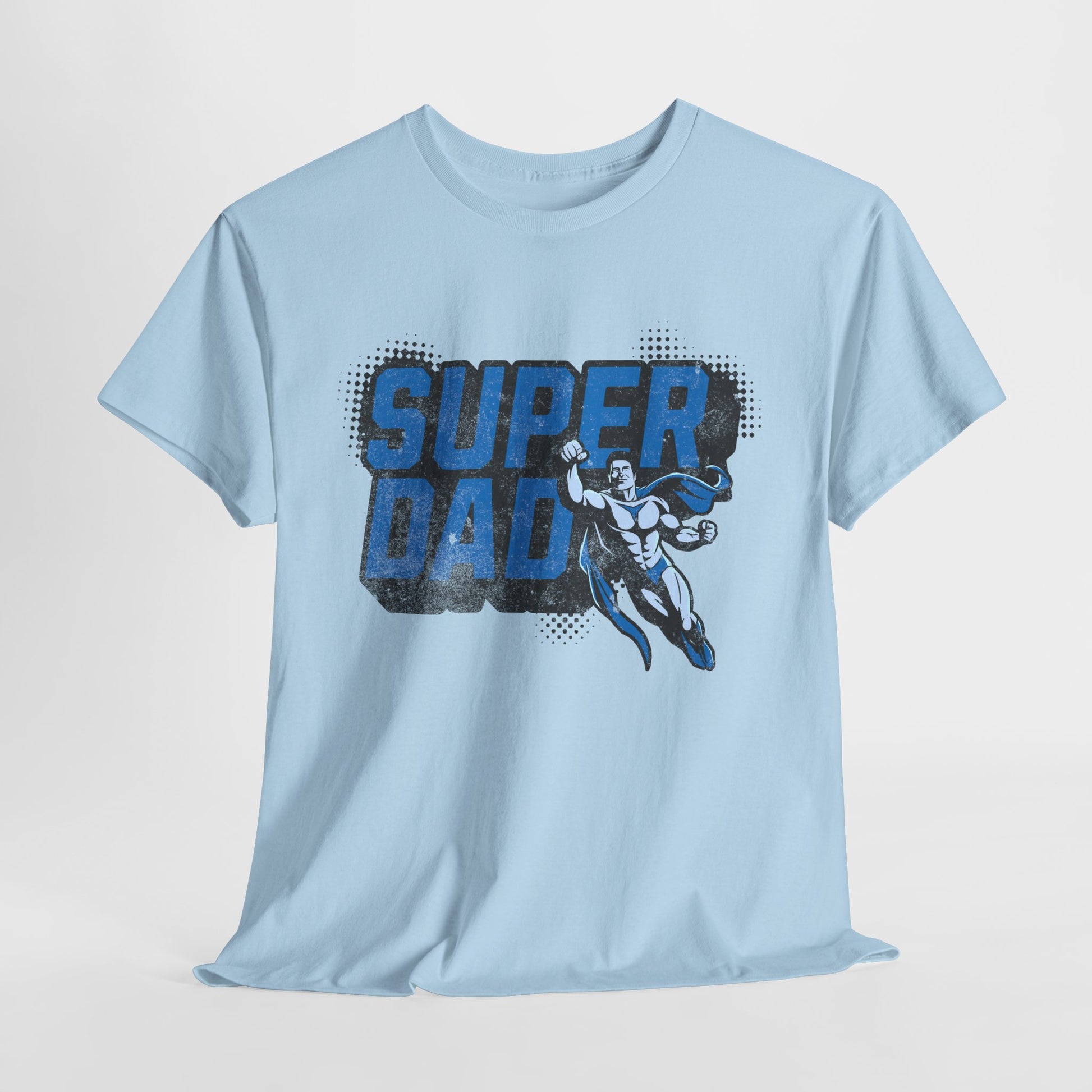 Light blue t-shirt with 'Super Dad' graphic on a light gray background