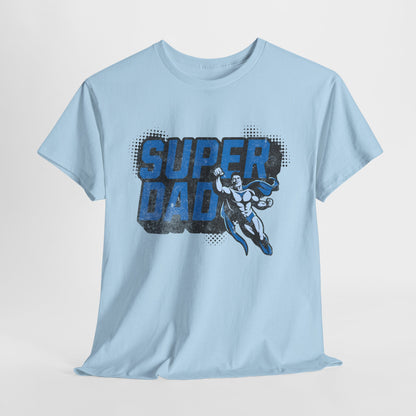 Light blue t-shirt with 'Super Dad' graphic on a light gray background