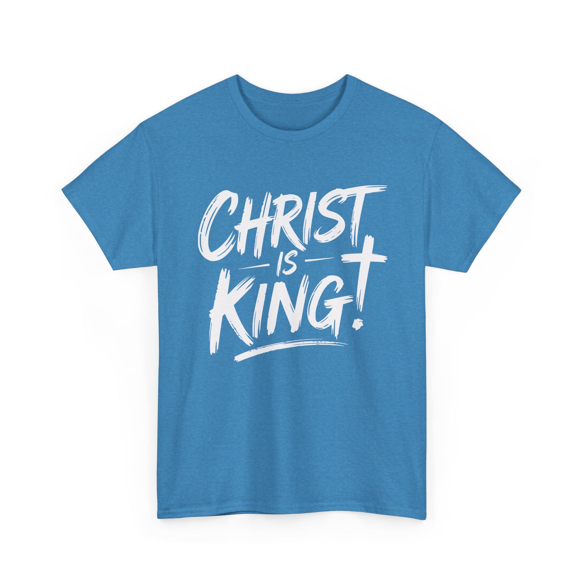 Bold Christian t-shirt with Christ Is King graphic on black fabric
