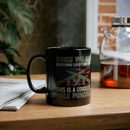 Funny and patriotic black coffee mug with unique phrase