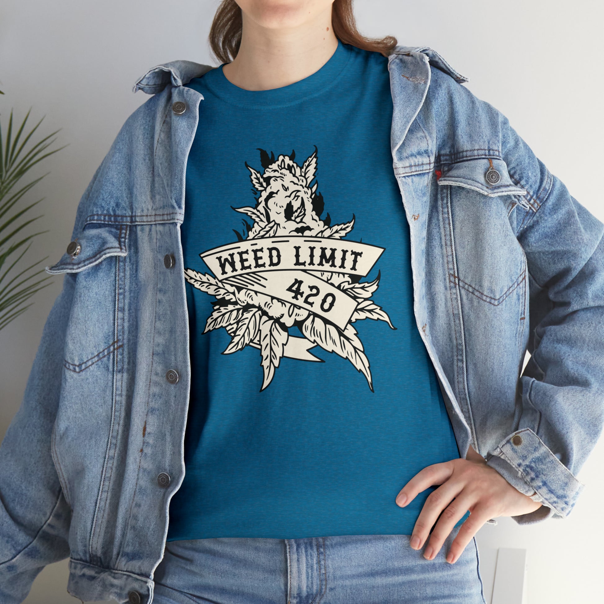 T-shirt with "Weed Limit 4/20" graphic in bold text.
