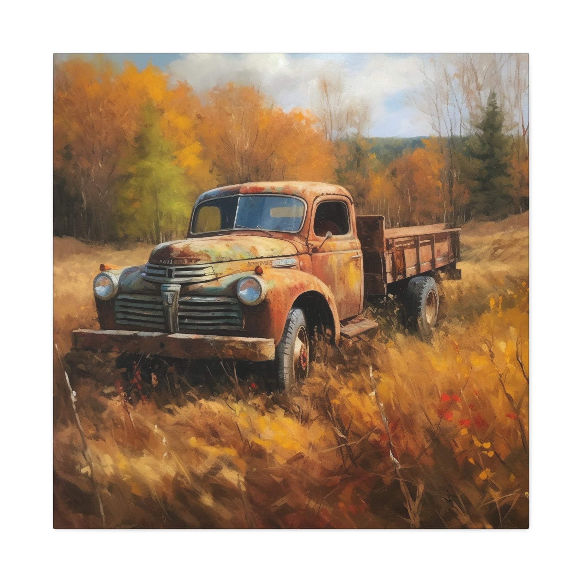 Country farm truck canvas with fall colors and trees
