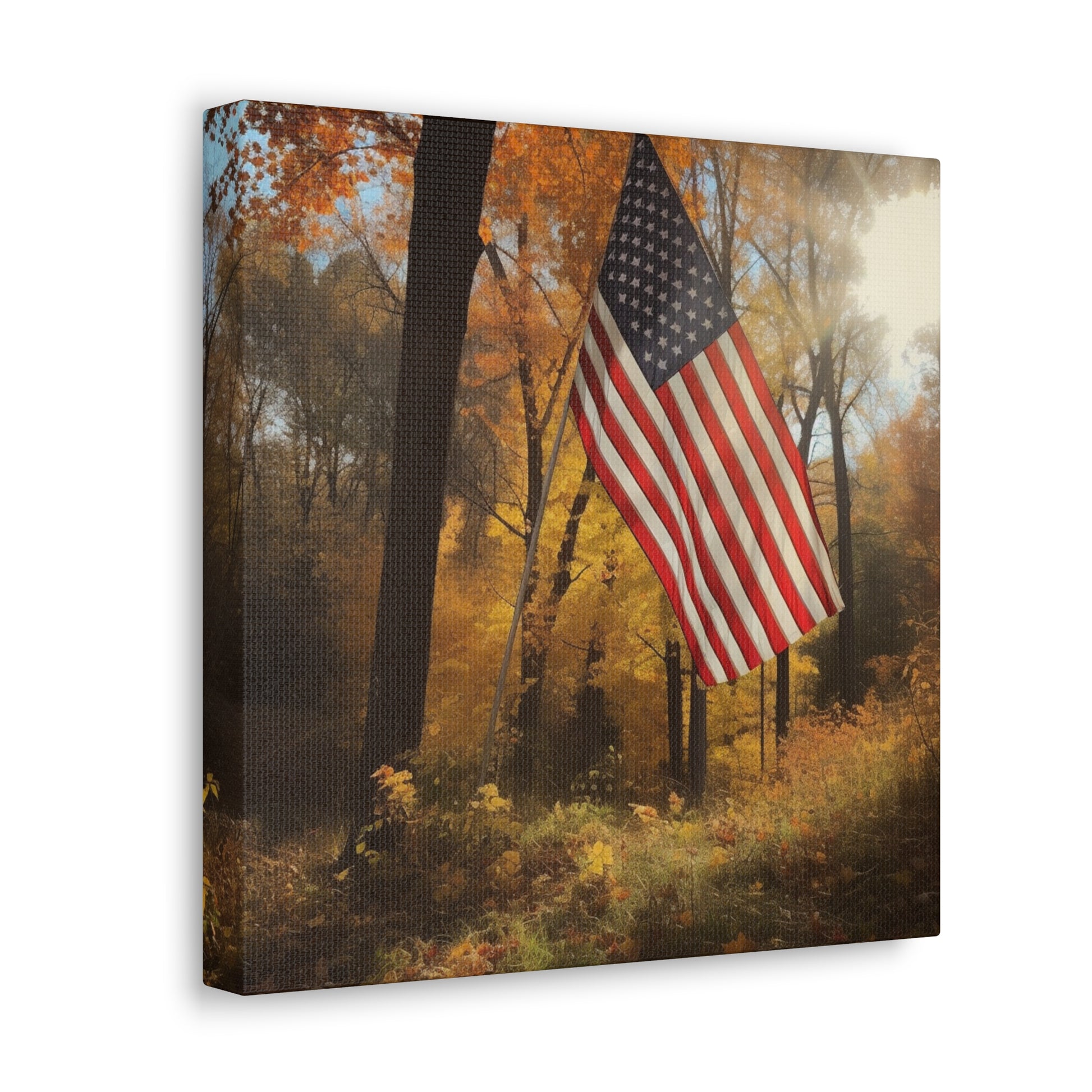 High-quality patriotic canvas art with fall colors and flag.
