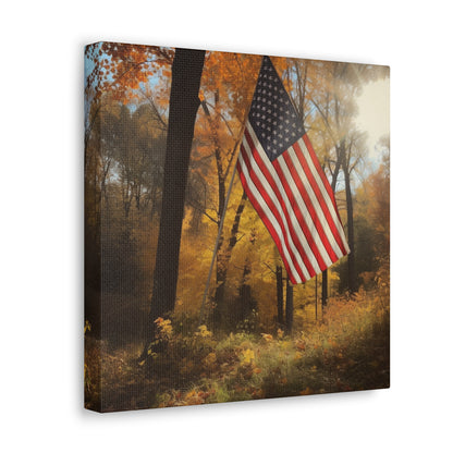 High-quality patriotic canvas art with fall colors and flag.
