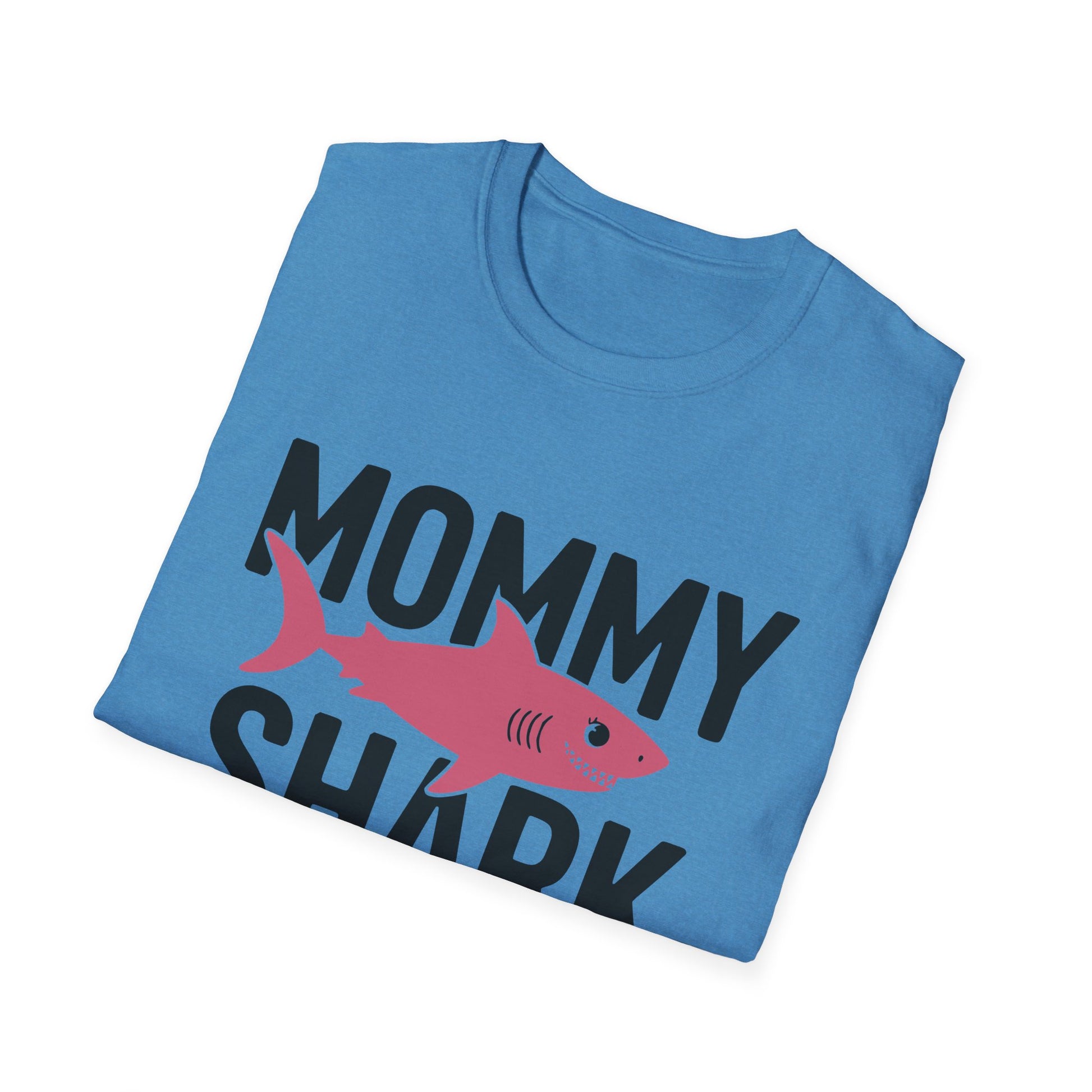 Folded blue t-shirt with 'Mommy Shark' text and pink shark graphic on a white background