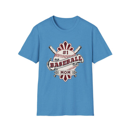 Blue t-shirt with '#1 Baseball Mom' graphic on a white background