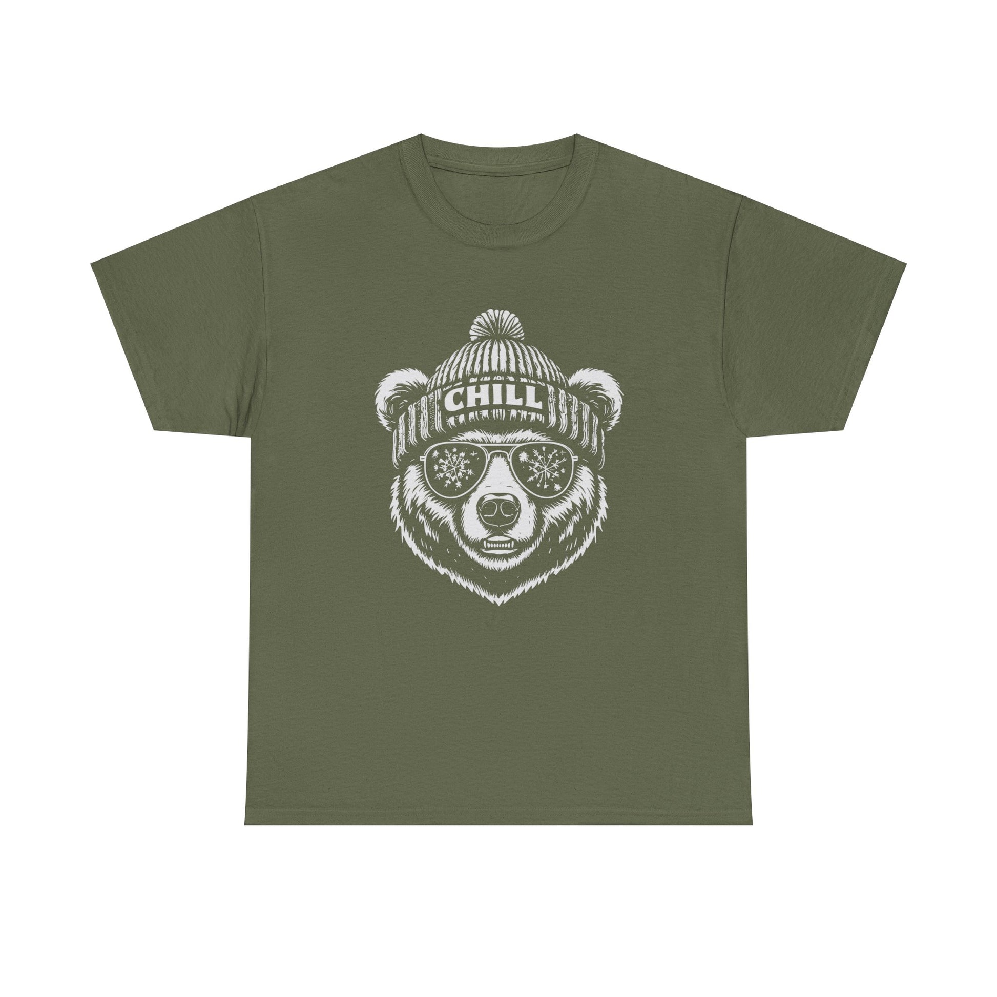Grizzly bear graphic tee with cozy winter cap and sunglasses
