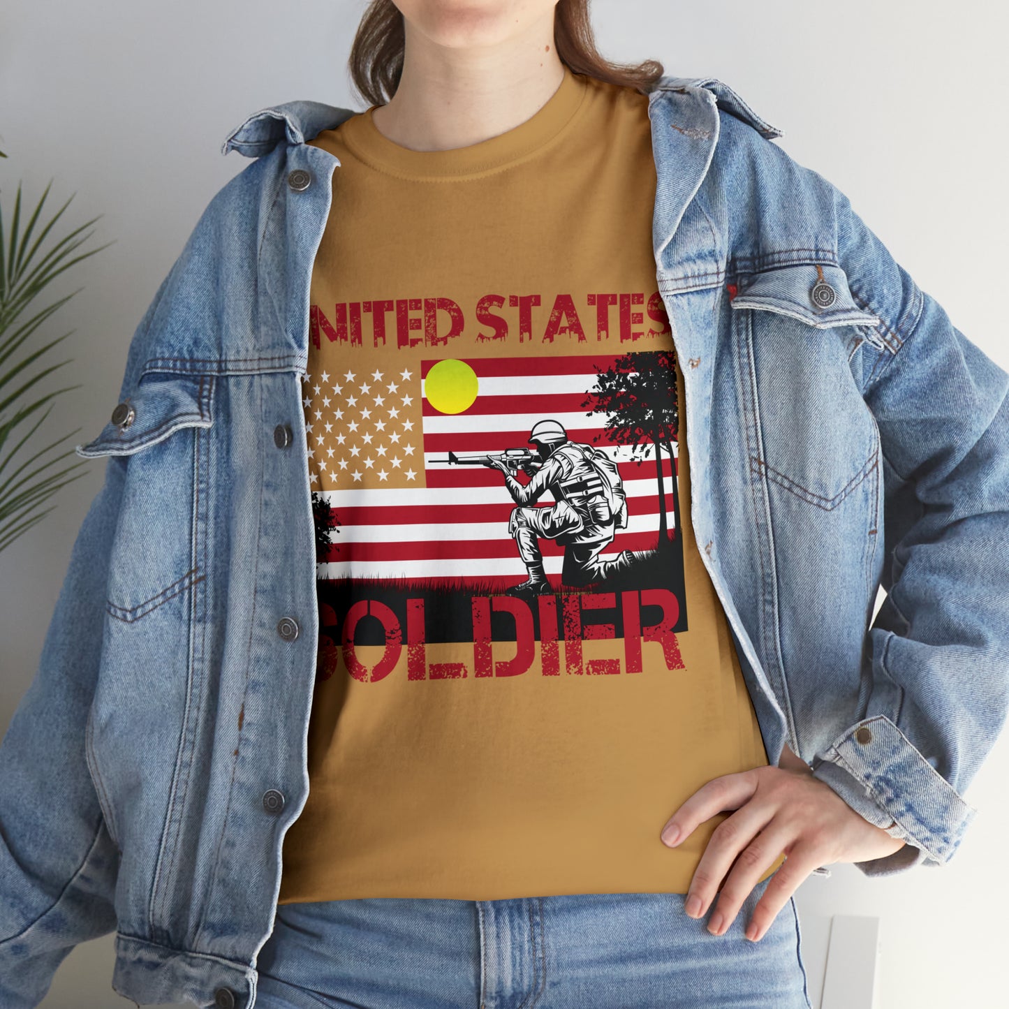 Military t-shirt for men featuring bold American flag and soldier graphic.
