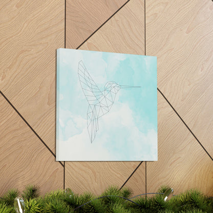 Minimalist hummingbird canvas with blue and white watercolor background
