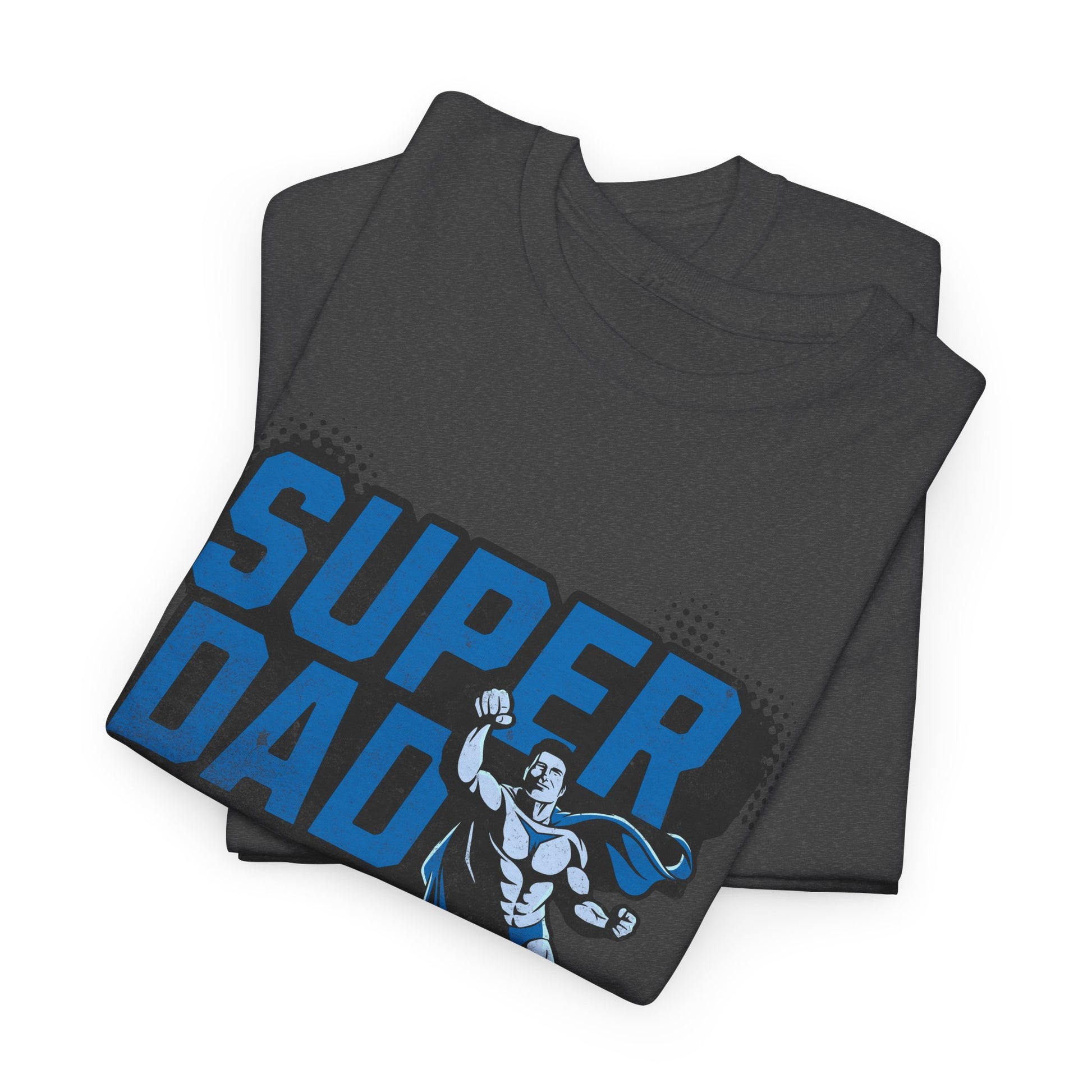 Folded black t-shirt with 'Super Dad' text and superhero graphic on a white background