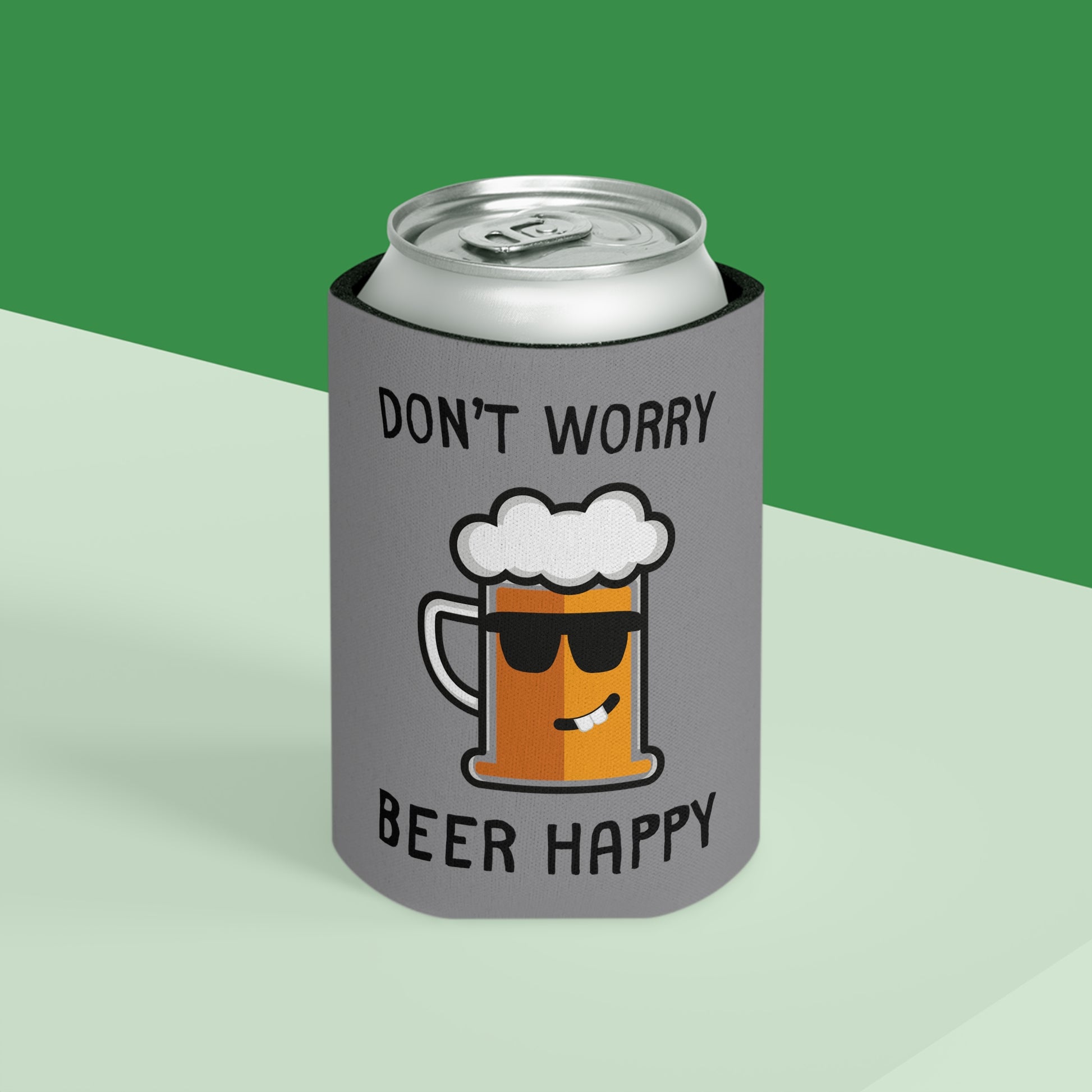 Compact "Don’t Worry, Beer Happy" can cooler with fun design.

