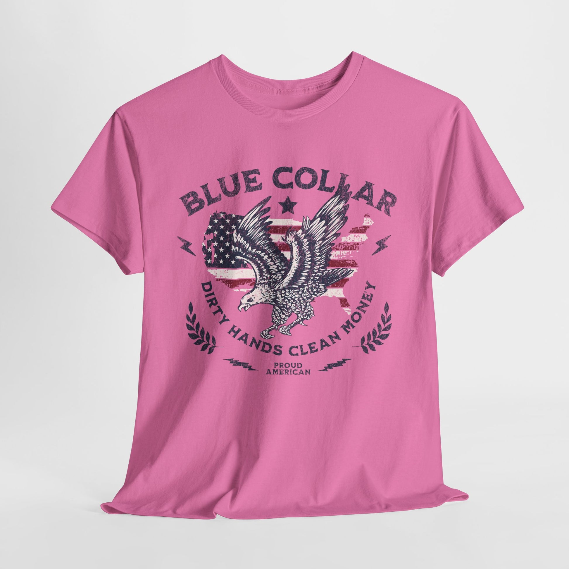 Pink t-shirt with graphic design and text on a white background