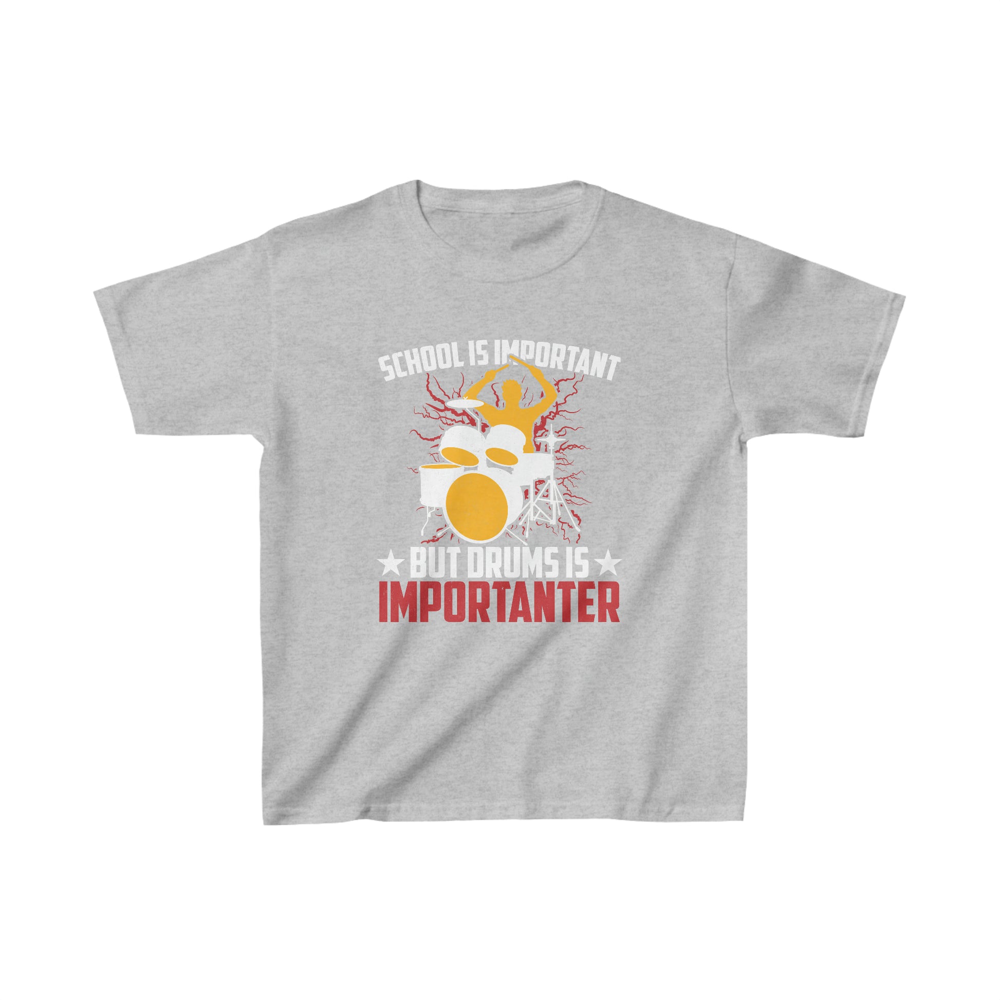 Drummer t-shirt for kids with "School Is Important, But Drums Is Importanter" text
