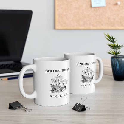 Morning coffee mug with a twist on the Boston Tea Party