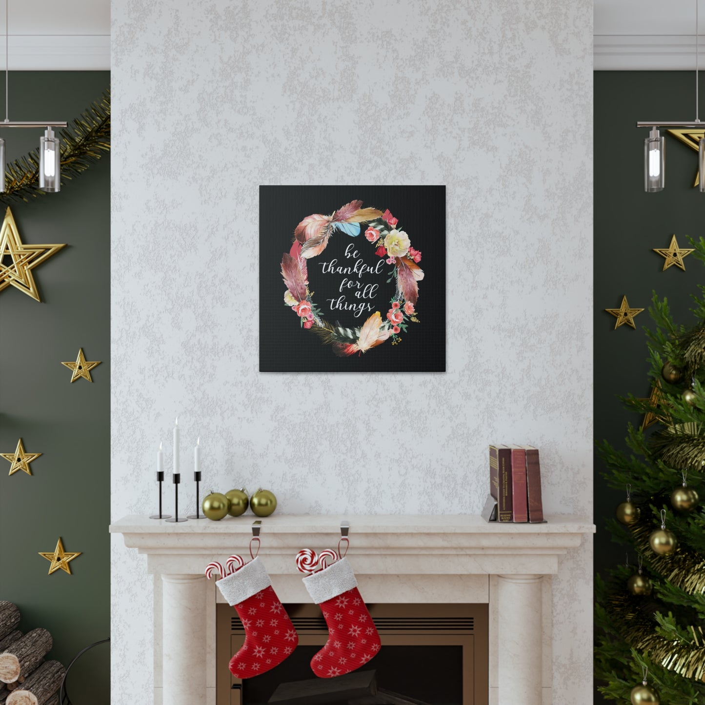 Black canvas decor with vibrant circle of feathers and flowers.

