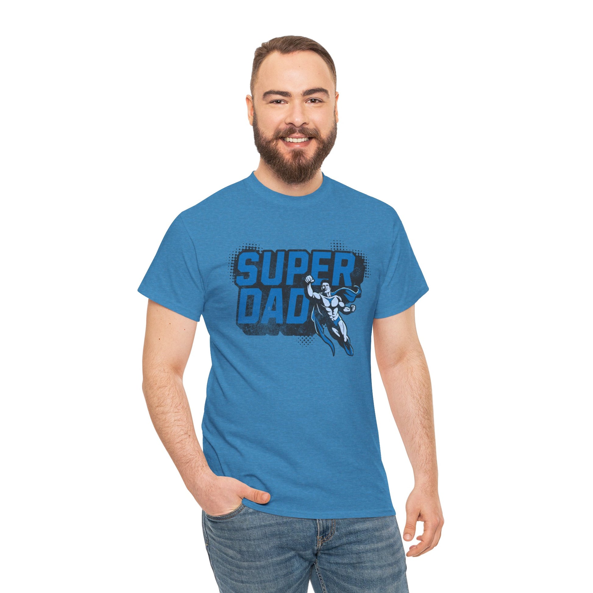 Man wearing a blue 'Super Dad' t-shirt with a superhero graphic on a white background
