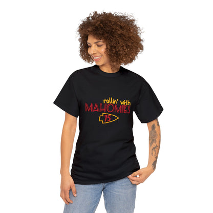 Classic Kansas City Chiefs "Rollin With Mahomies" fan shirt with tear-away label.