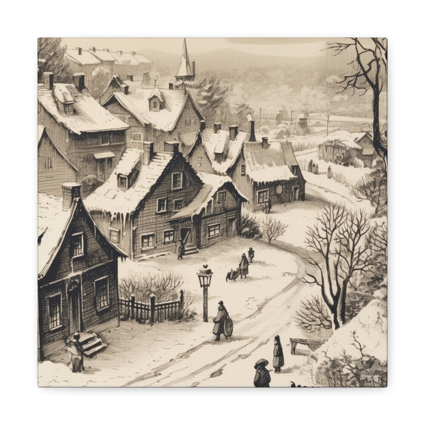 Snowy village scene drawing for Christmas decor