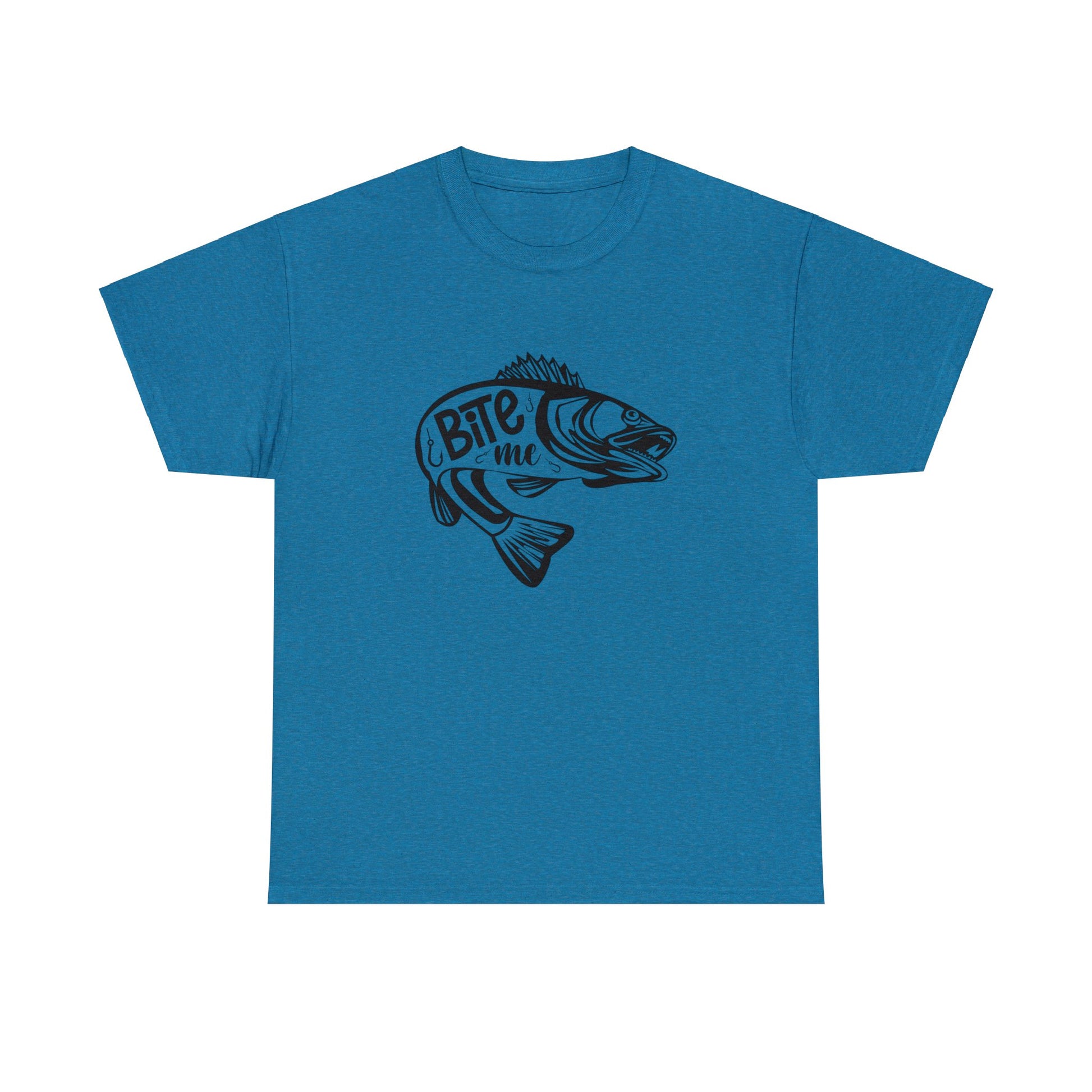 Black Bite Me fishing shirt with fish graphic and playful text
