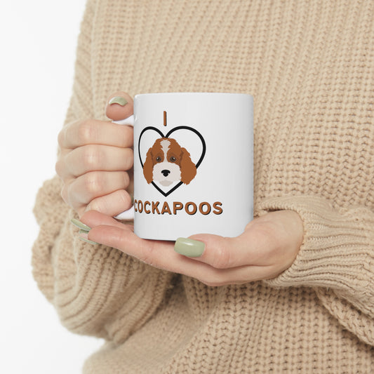 Cockapoo mug with “I Love Cockapoos” text and heart graphic.
