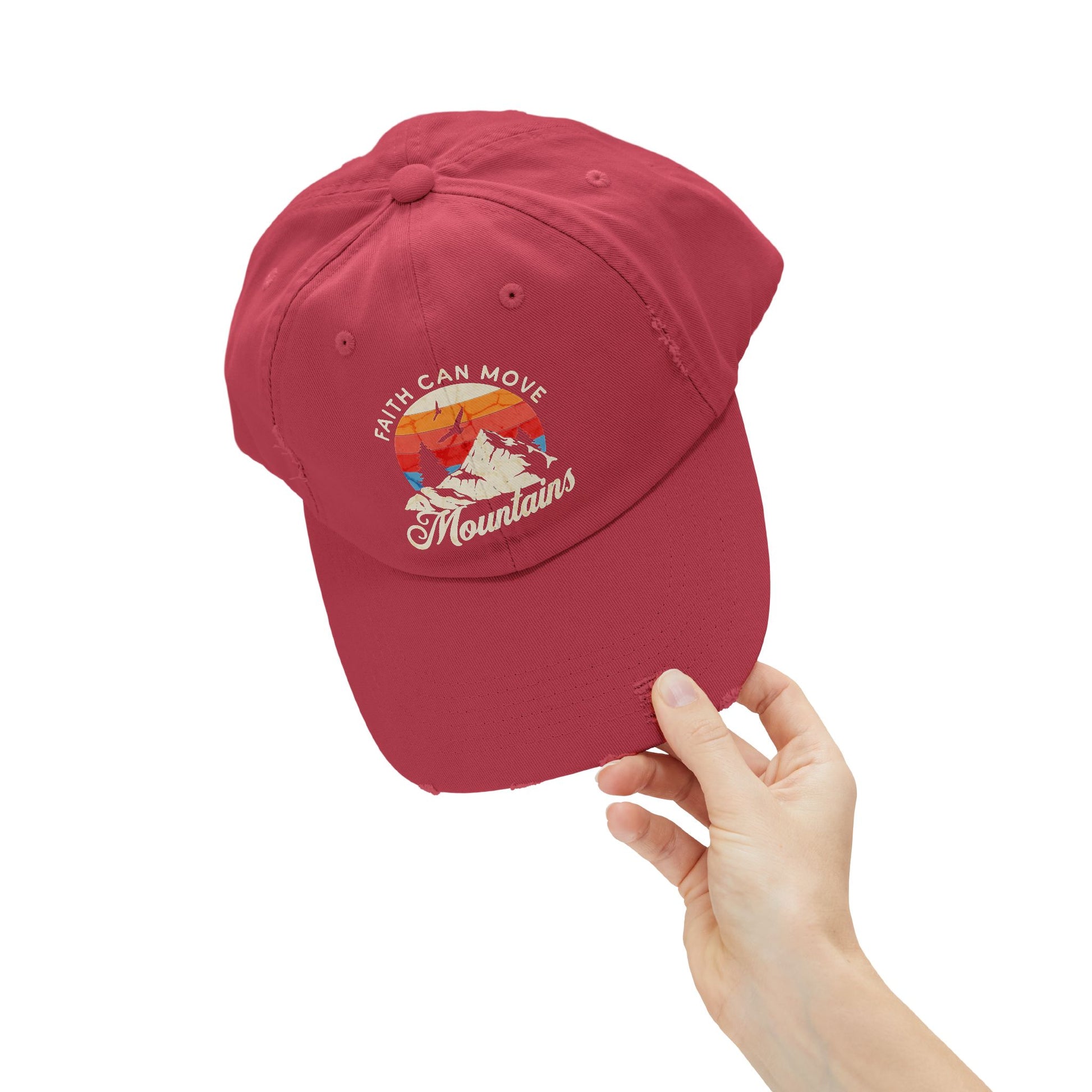 Religious hat with "Faith Can Move Mountains" message

