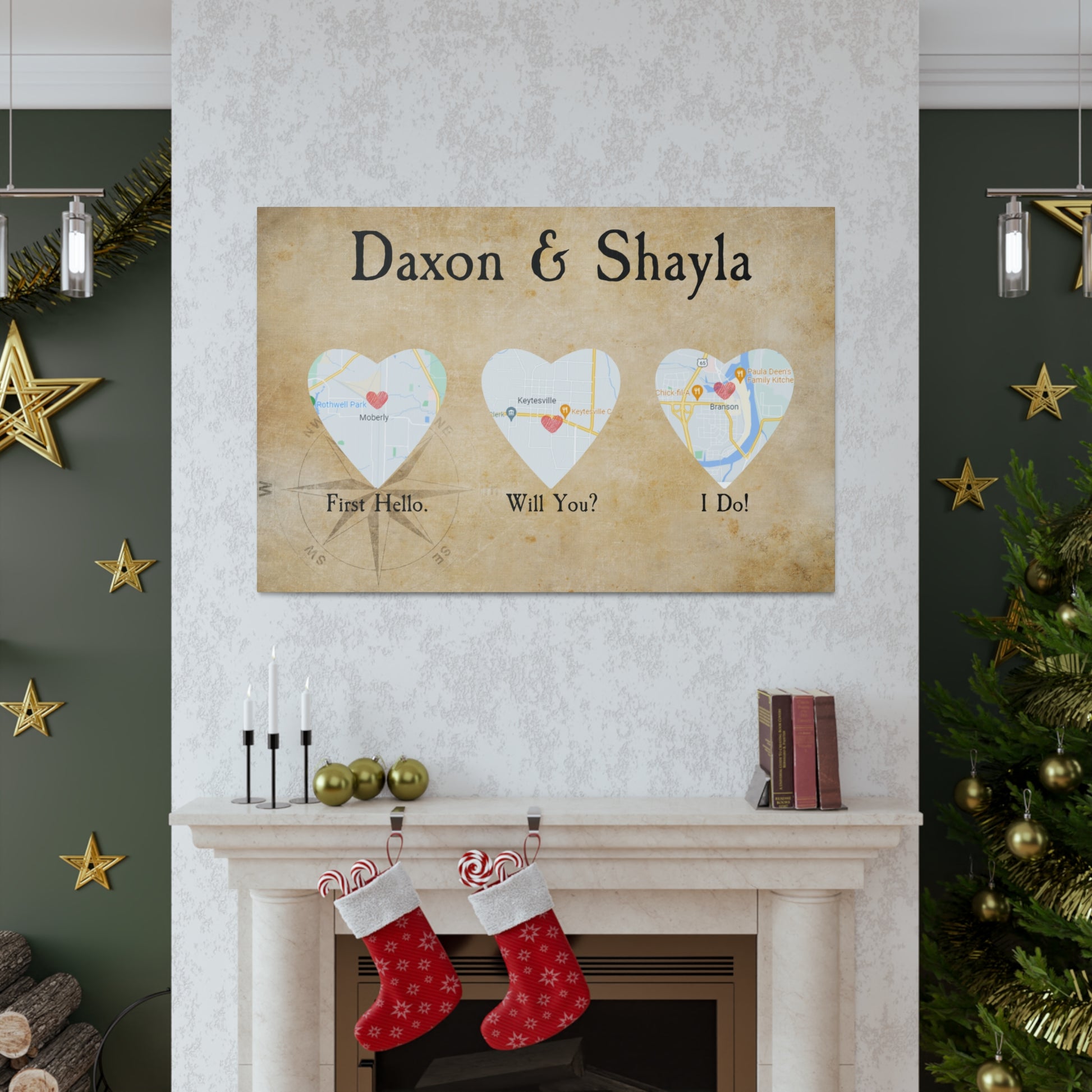 Custom wedding wall art with three heart-shaped maps and couple’s names.
