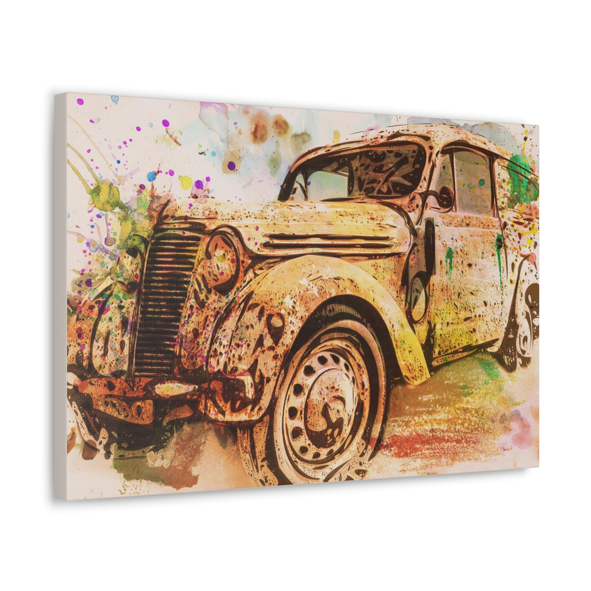 Unique vintage car canvas art styled in a garage


