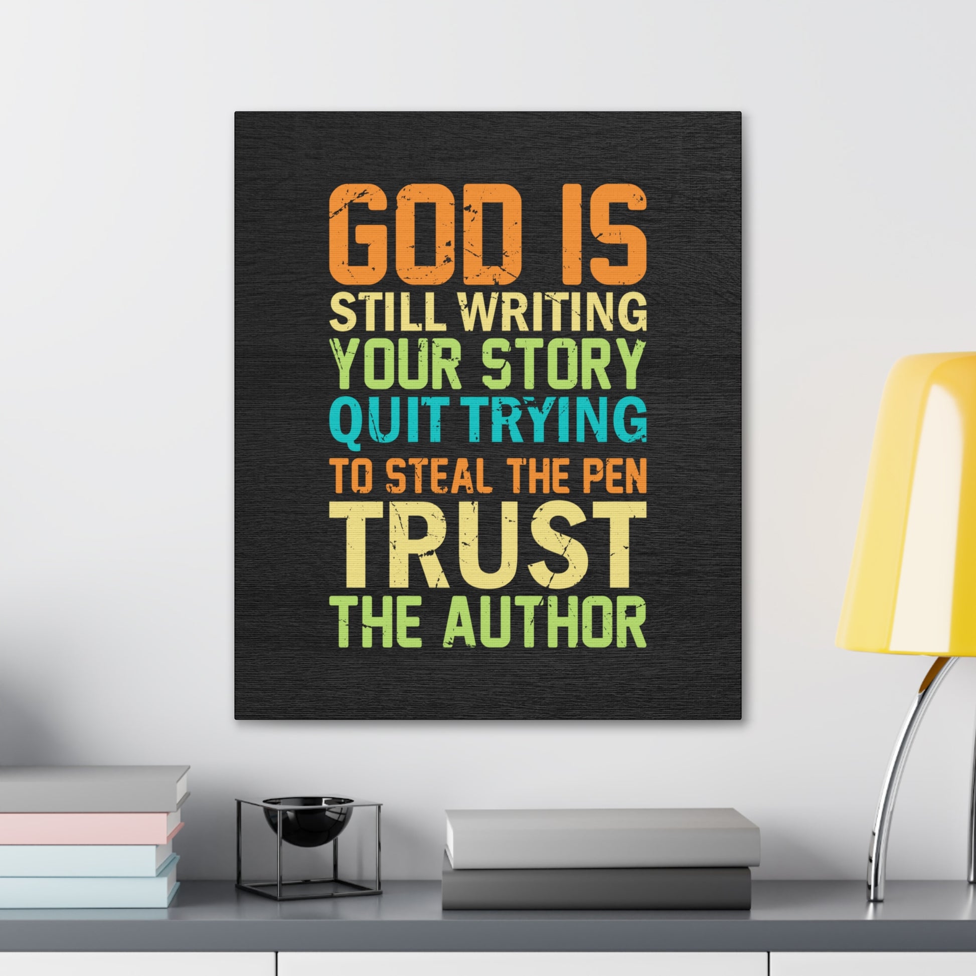 Christian quote wall art with colorful text
