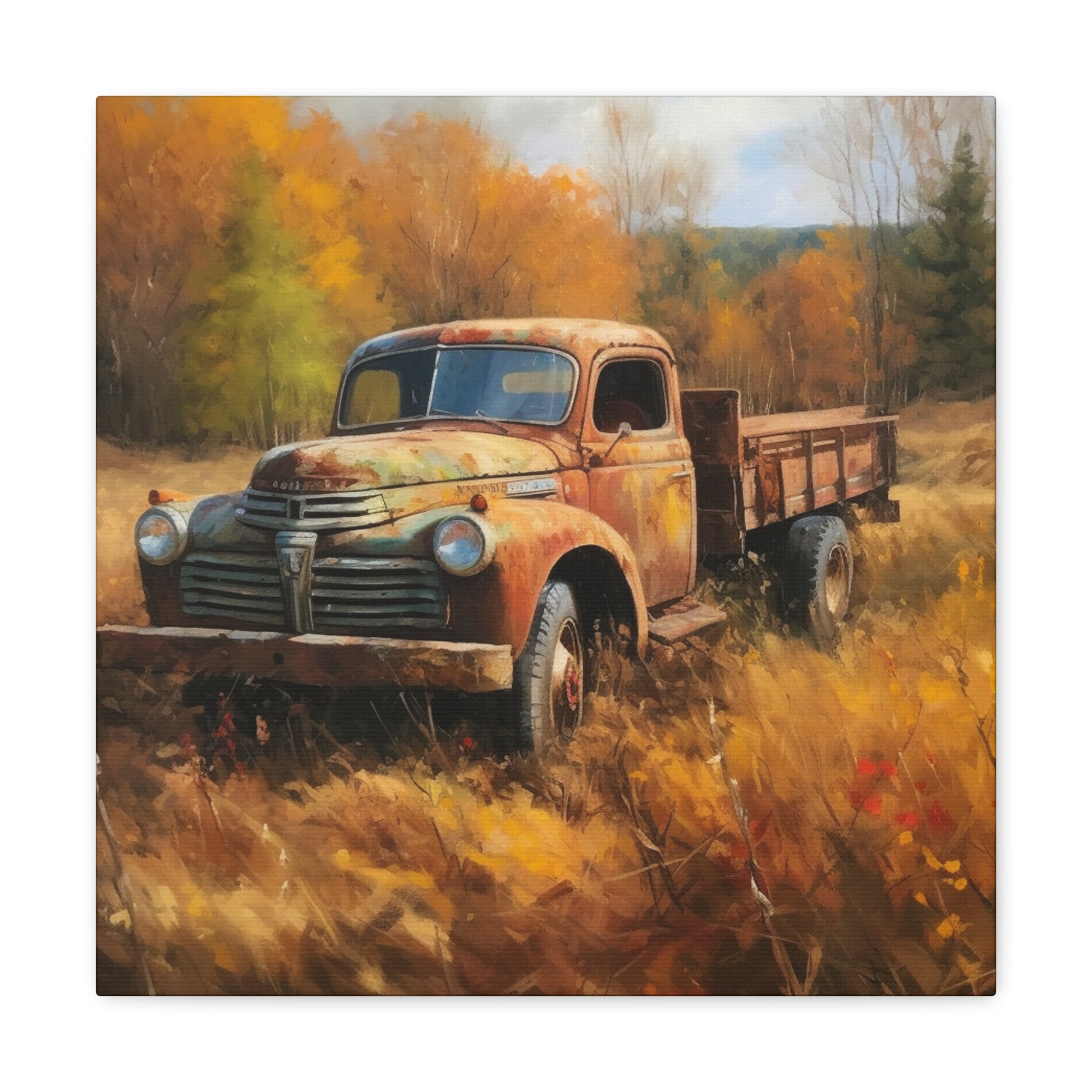 Vintage farm truck in autumn landscape painting
