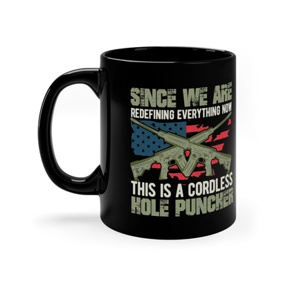 Playful coffee cup hole puncher design on black mug