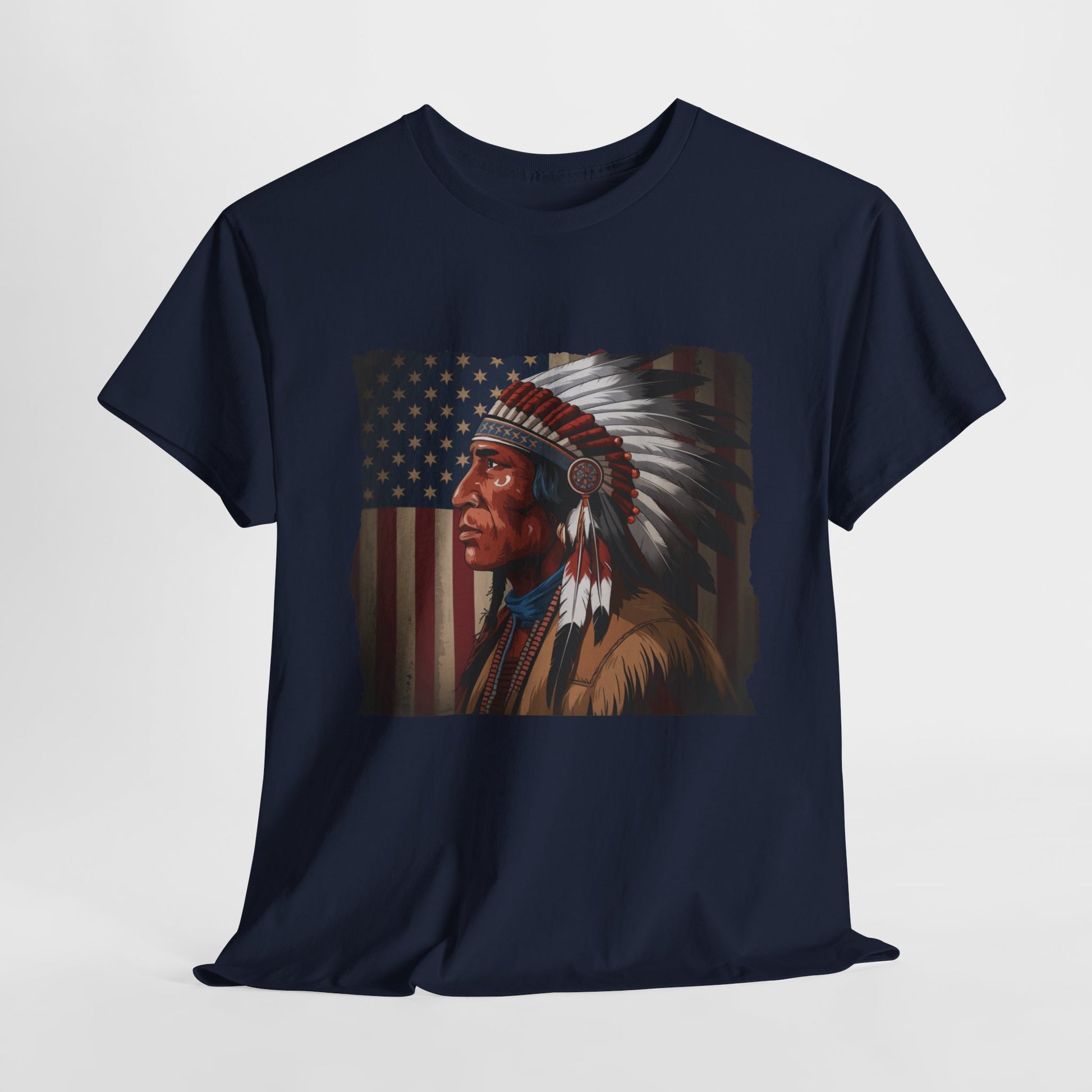 Artistic Native American t-shirt with bold feathered design
