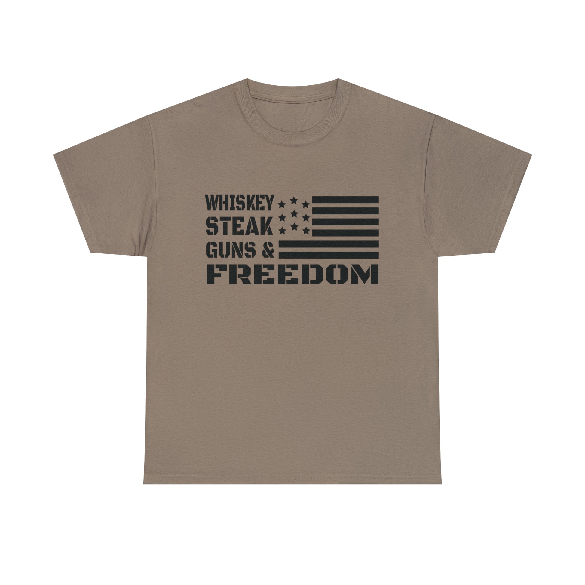 Whiskey and guns t-shirt with rustic American flag design

