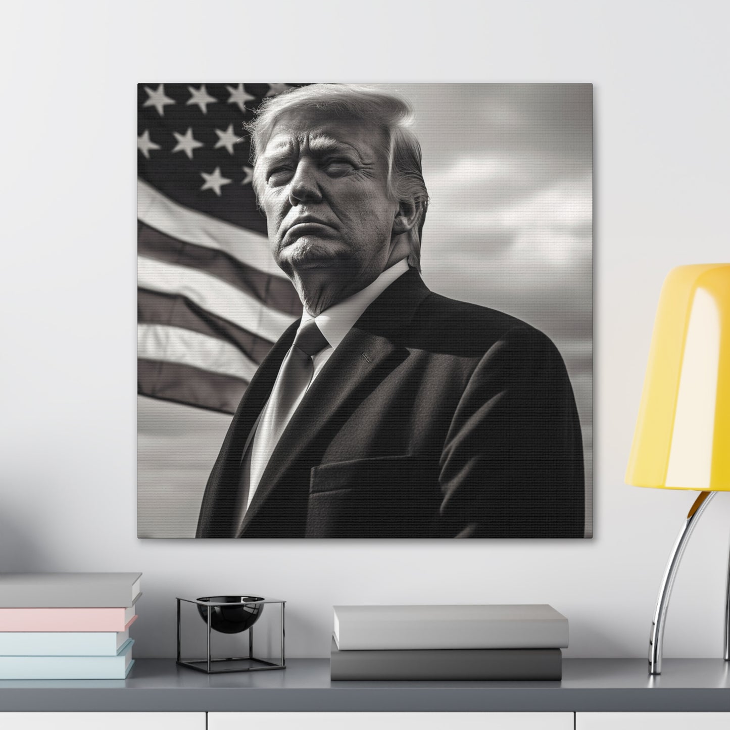 High-quality canvas print of Donald Trump portrait with USA flag.
