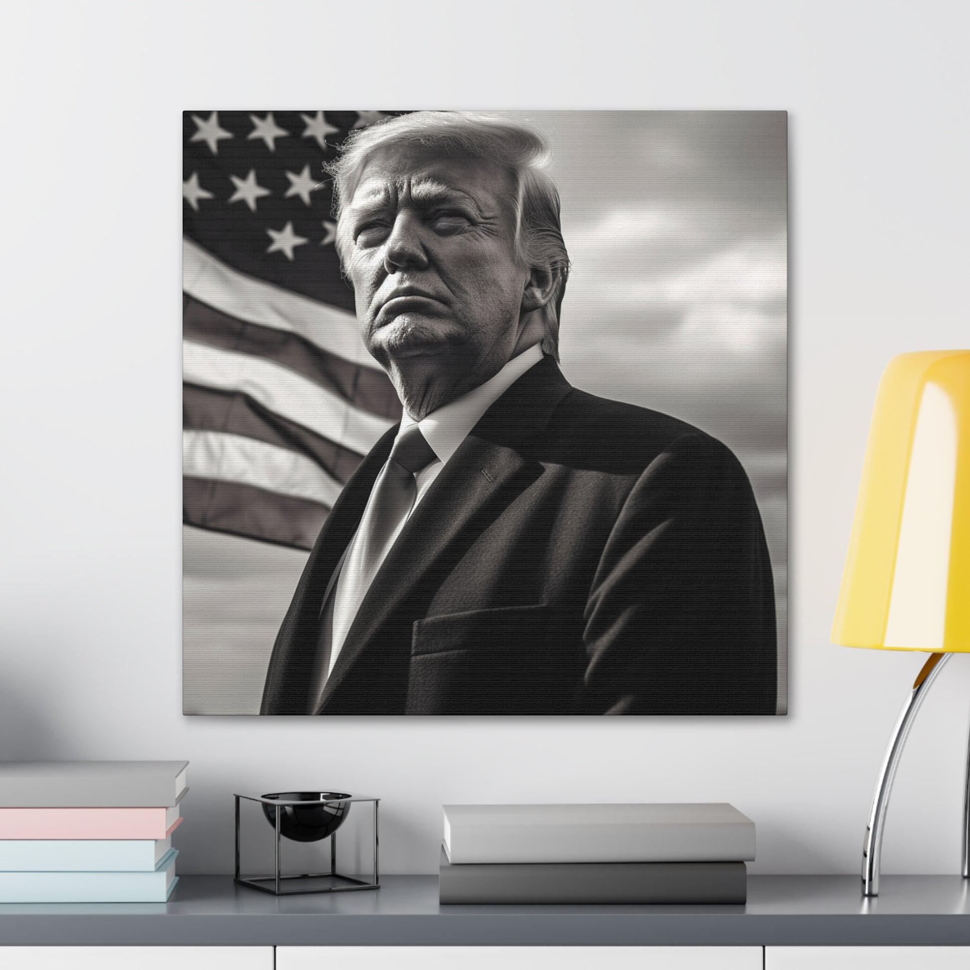 High-quality canvas print of Donald Trump portrait with USA flag.
