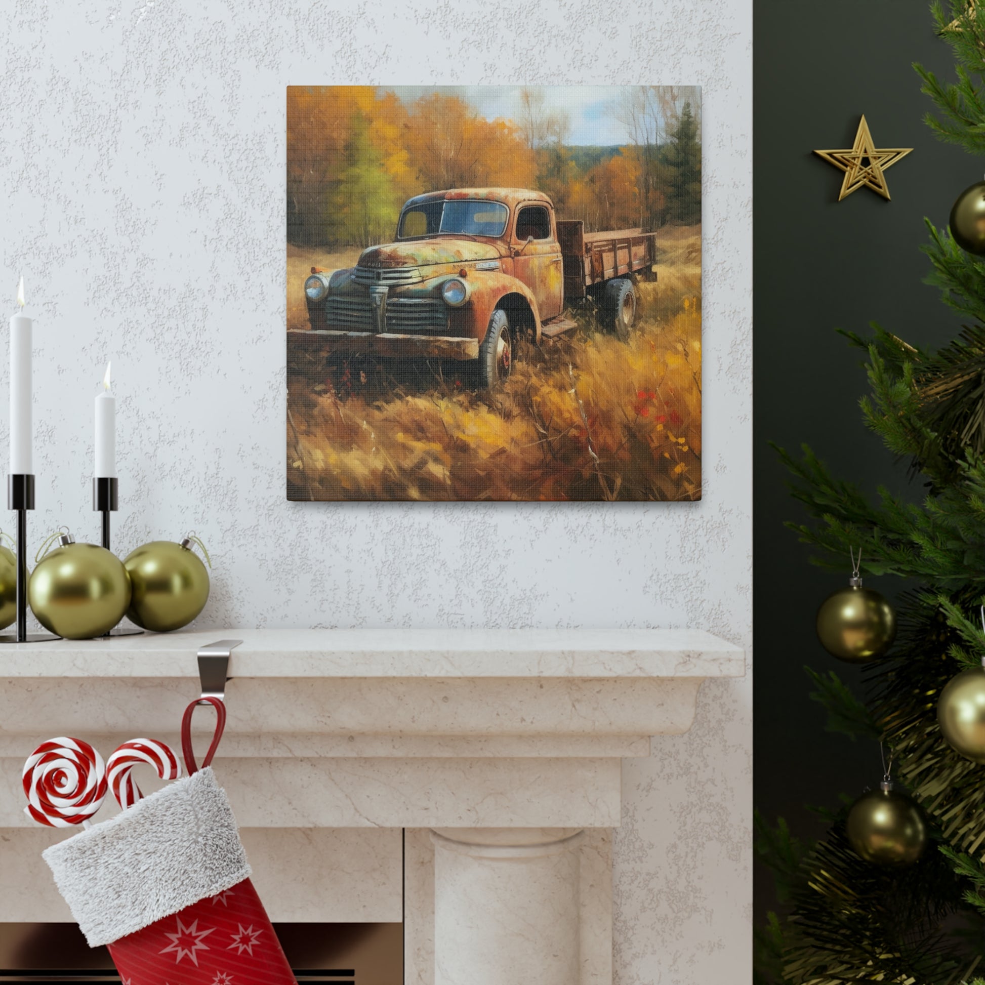 Fall landscape wall art with vintage farm truck in field

