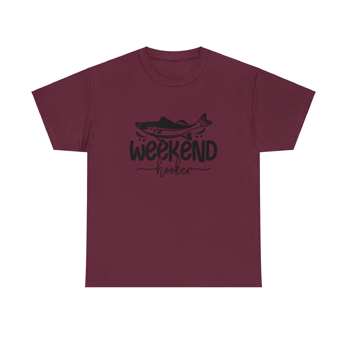 Fishing graphic tee with long fish and Weekend Hooker message
