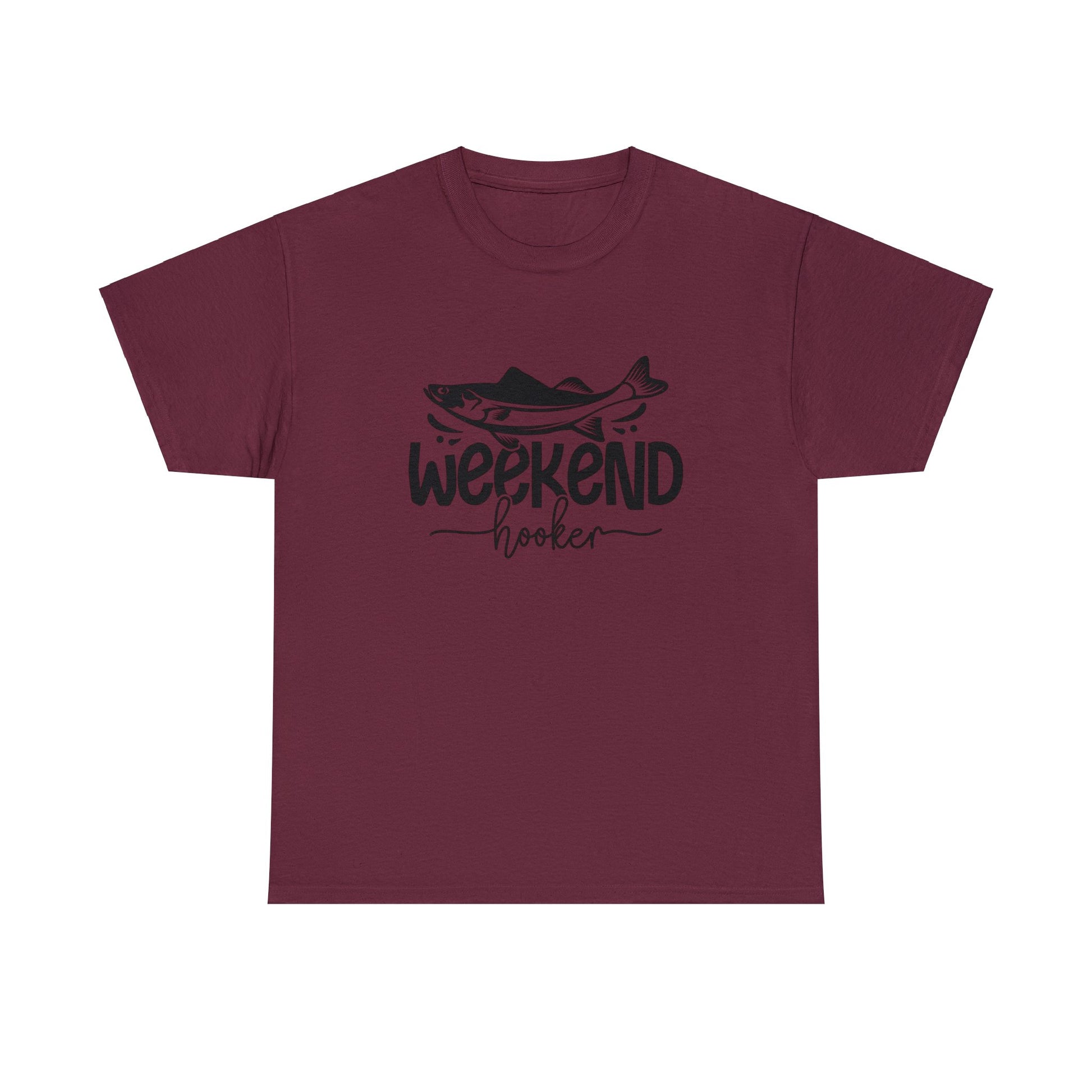 Fishing graphic tee with long fish and Weekend Hooker message

