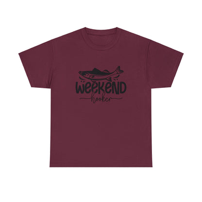 Fishing graphic tee with long fish and Weekend Hooker message
