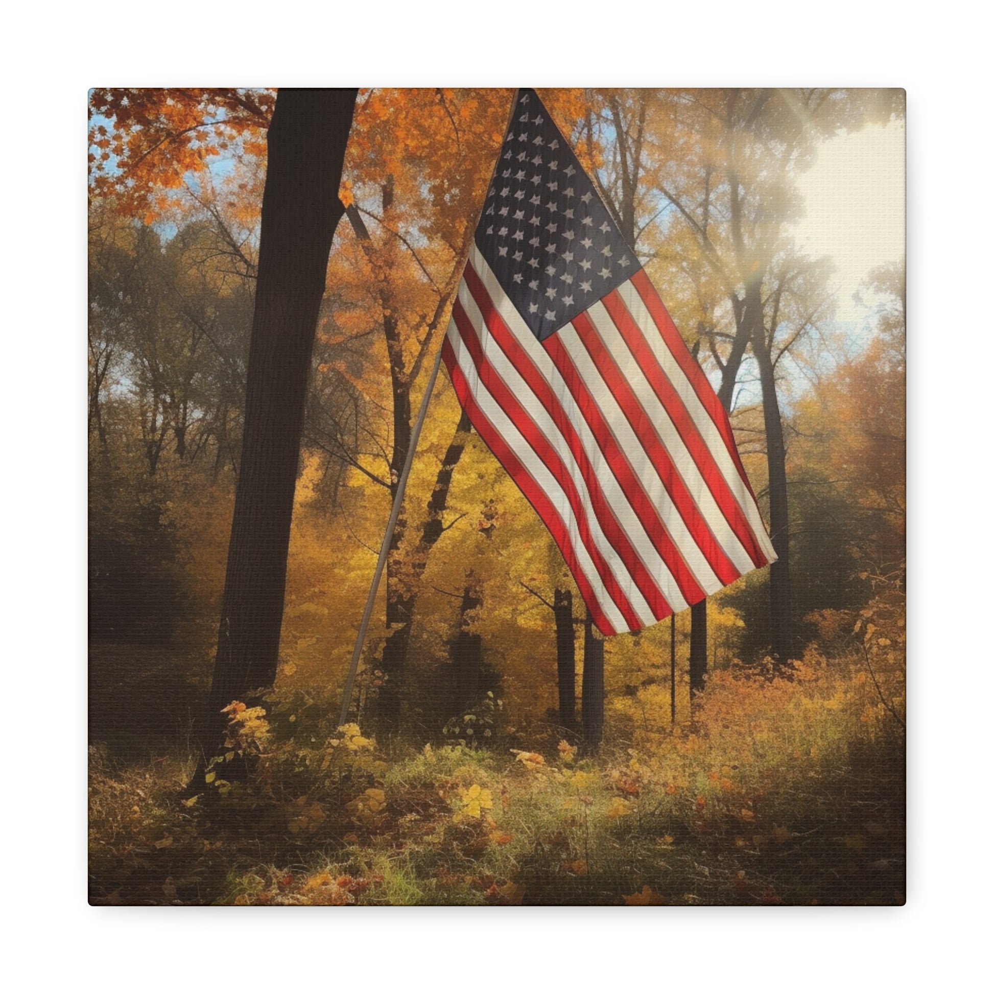 Canvas art of dense autumn woods with American flag on a pole.
