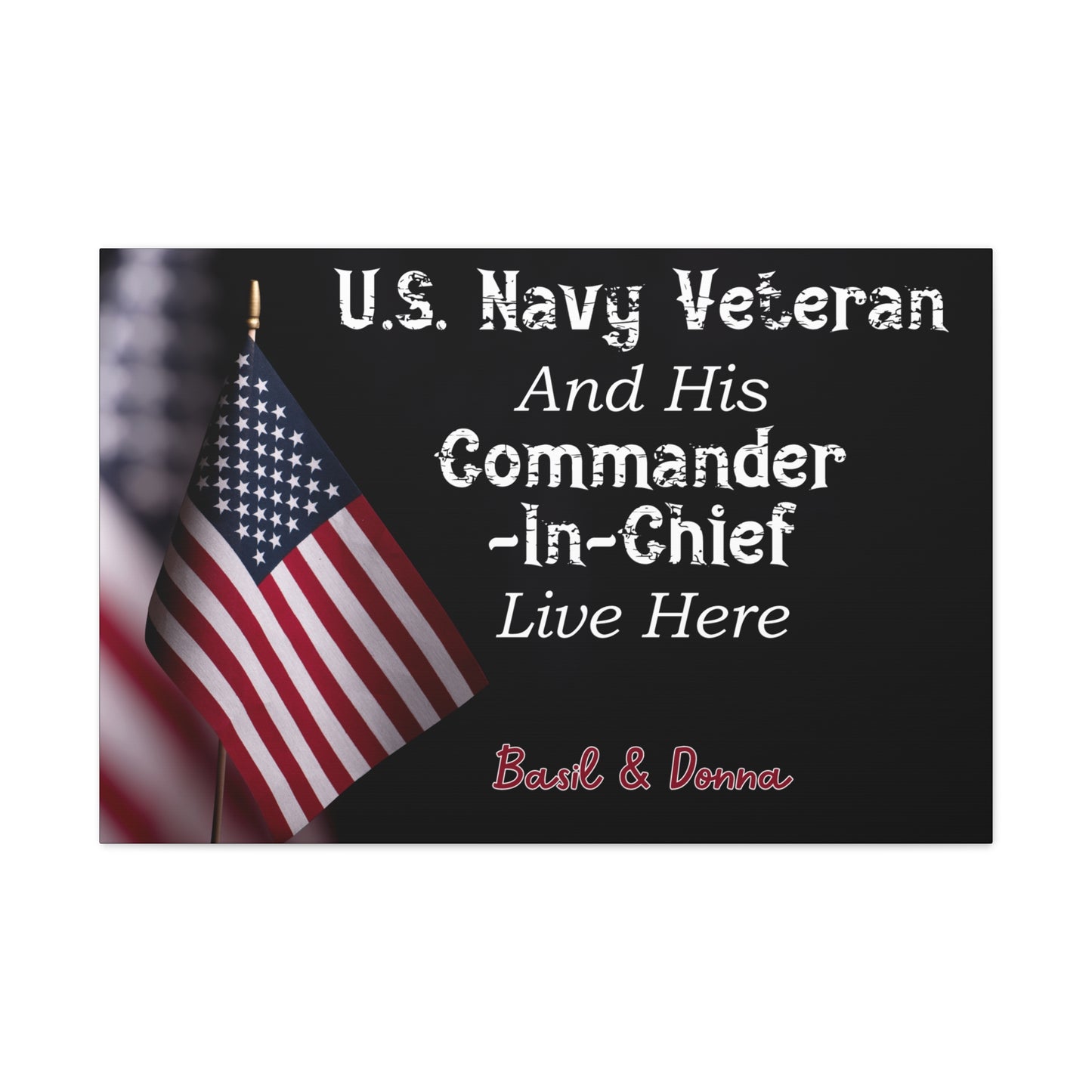Bold and patriotic navy veteran gift featuring customizable names.
