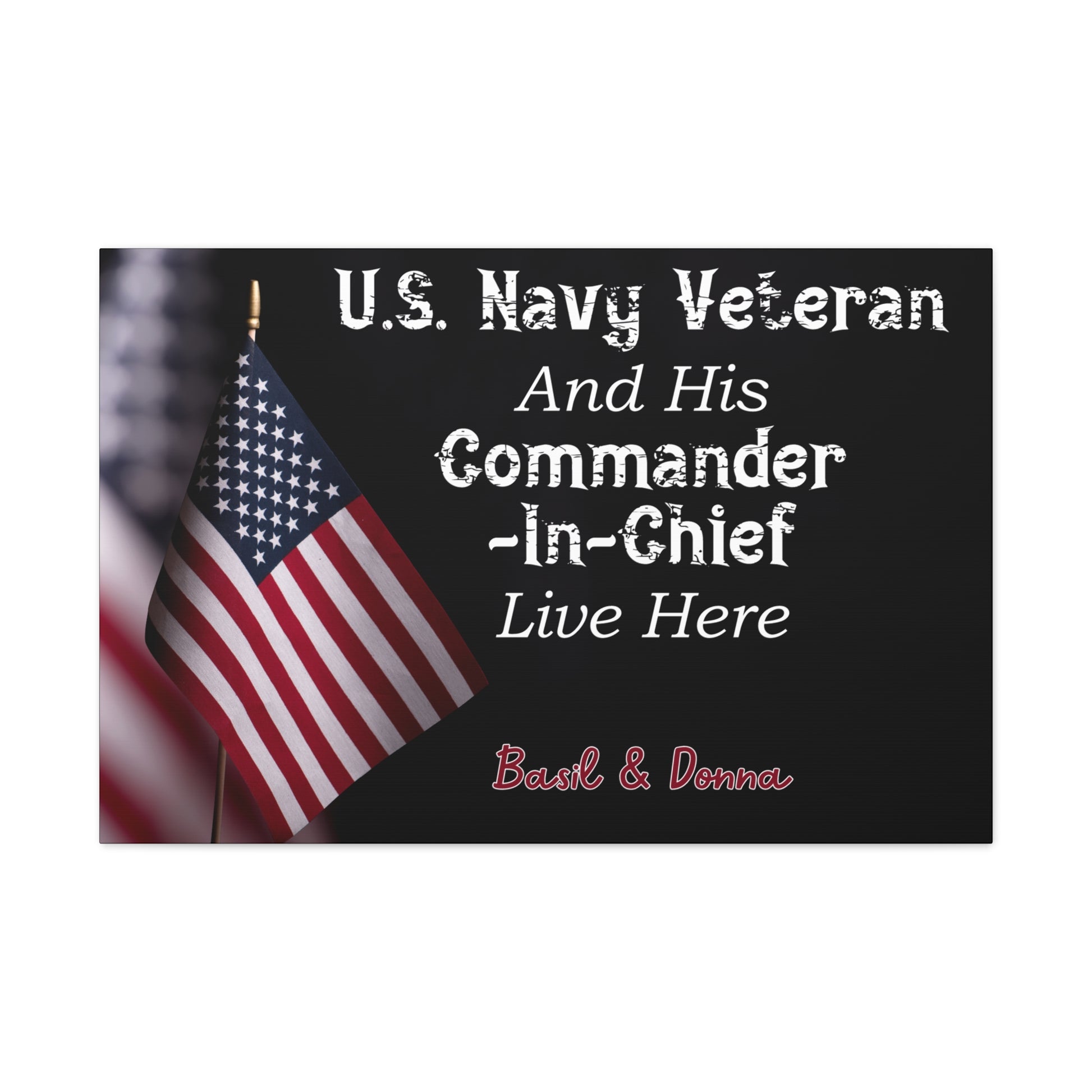 Bold and patriotic navy veteran gift featuring customizable names.
