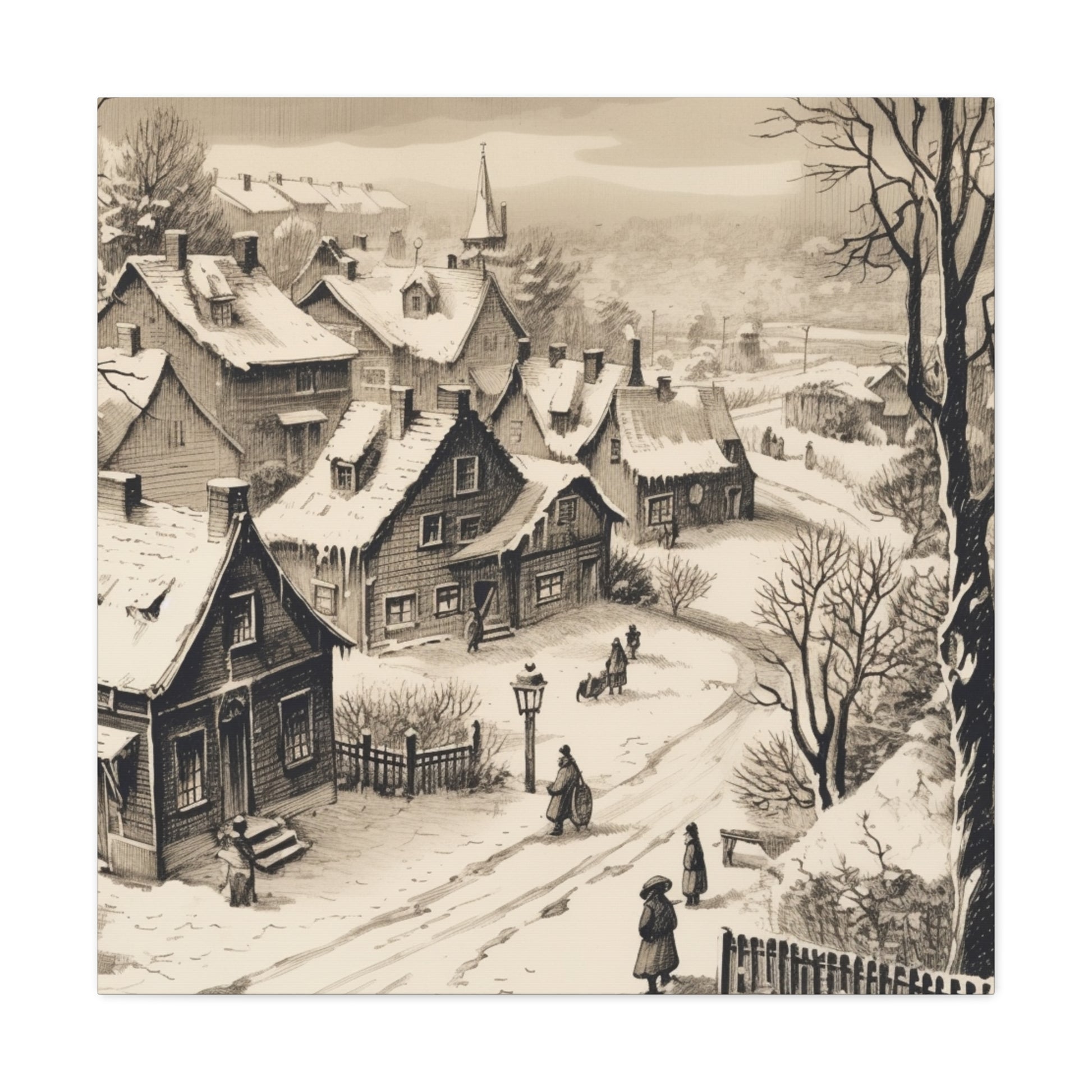 Elegant black and white Christmas village artwork