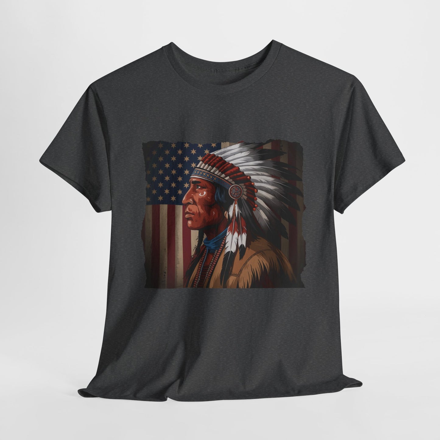 Soft cotton Native American t-shirt with flag and headdress

