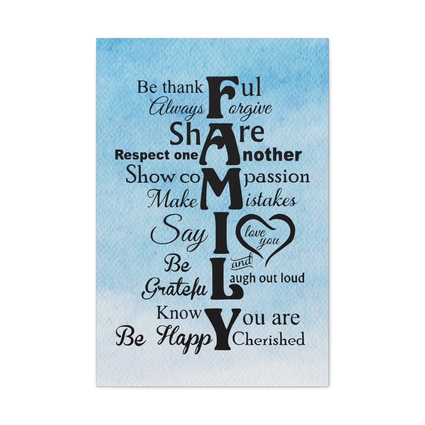 "FAMILY: Core Values" canvas print with light blue sky and clouds background for home decor.