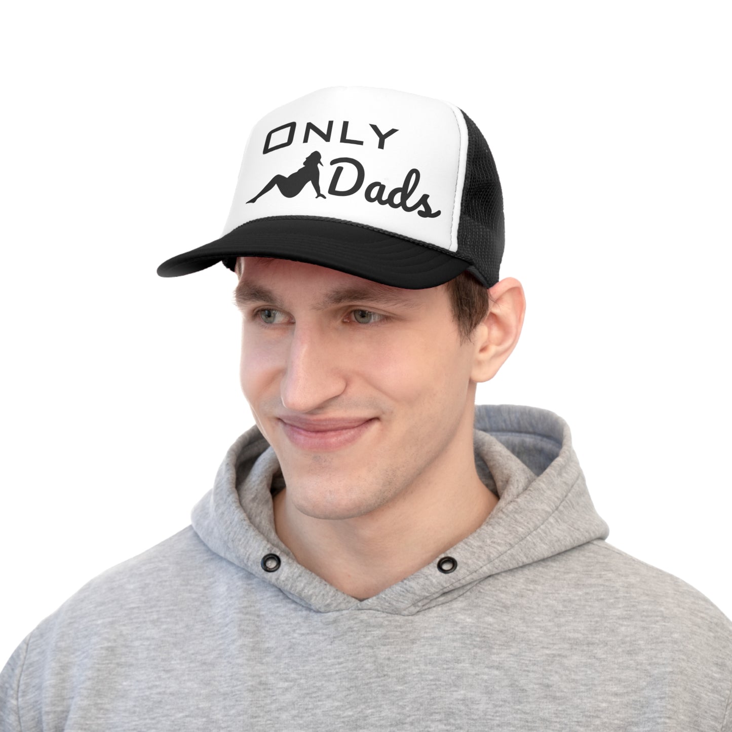 "Only Dads" trucker cap with dad bod graphic and playful slogan.