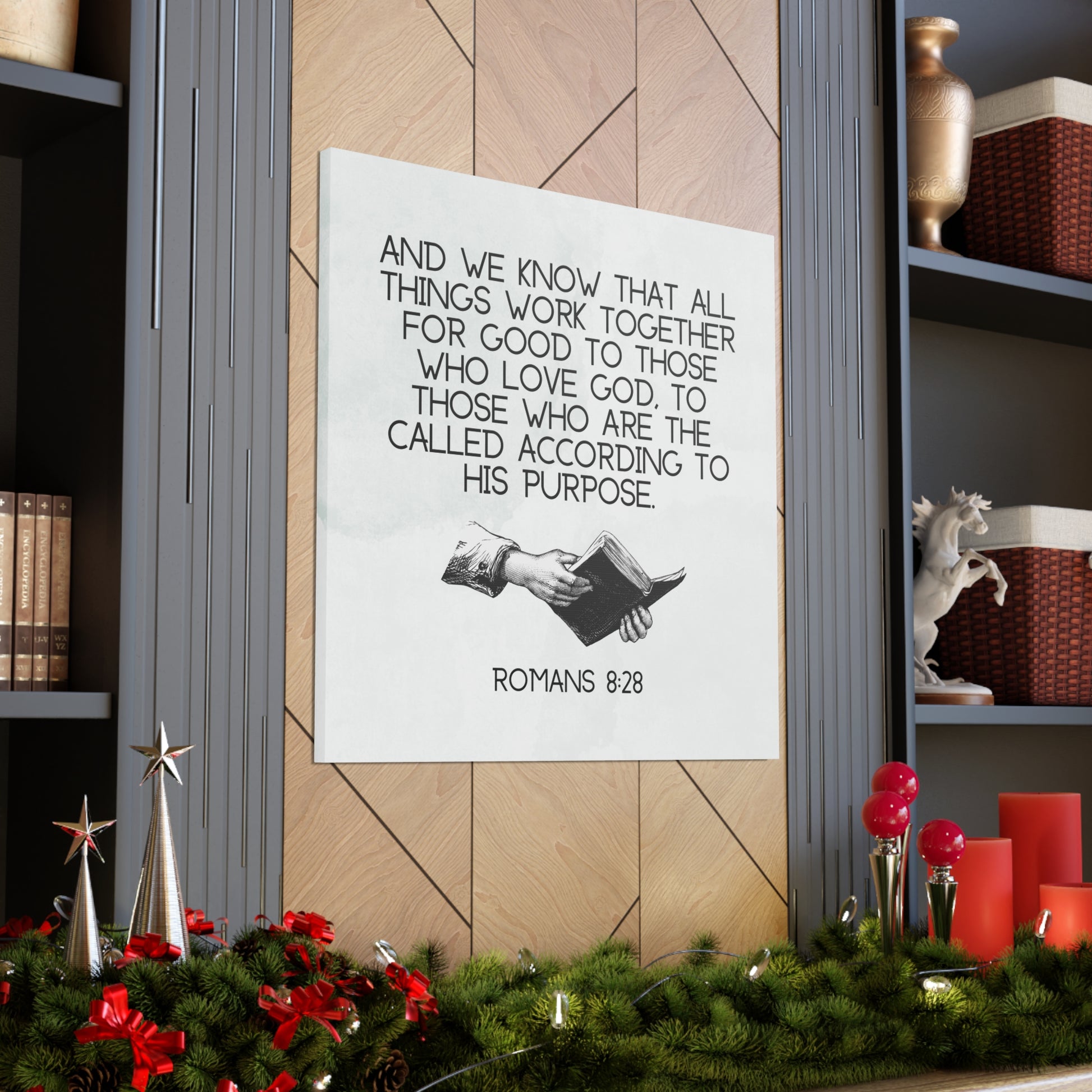 Scripture canvas with Romans 8:28 verse
